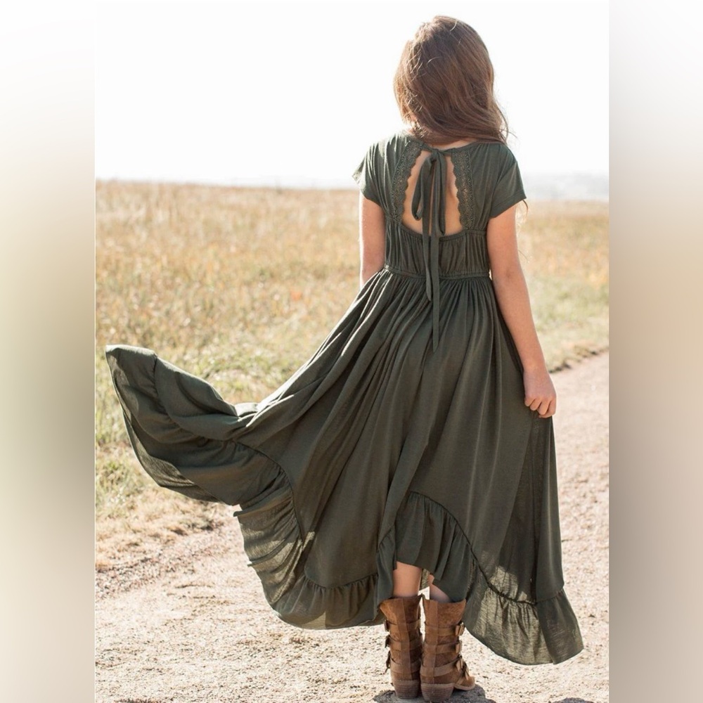 Girls Olive Ruffle Dress - Picture 7 of 8